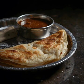 South Indian Parotta with Saalna in Aluminium Plate &ndash; Dramatic Food Close-Up