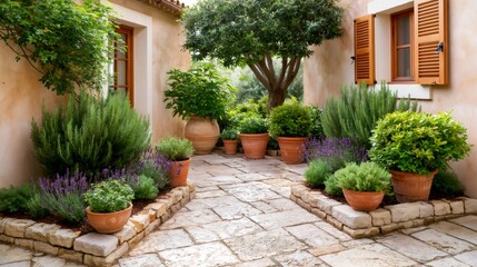 Fototapeta premium Mediterranean villa patio with potted herbs and stone path