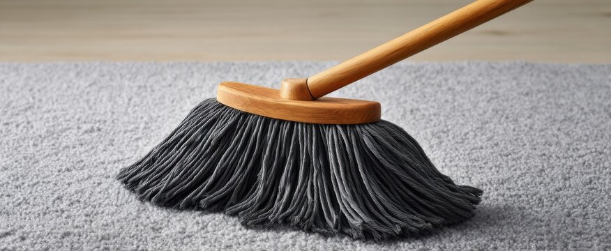 Mop Head glides gently over a soft gray rug evoking cozy tranquility in natural light.