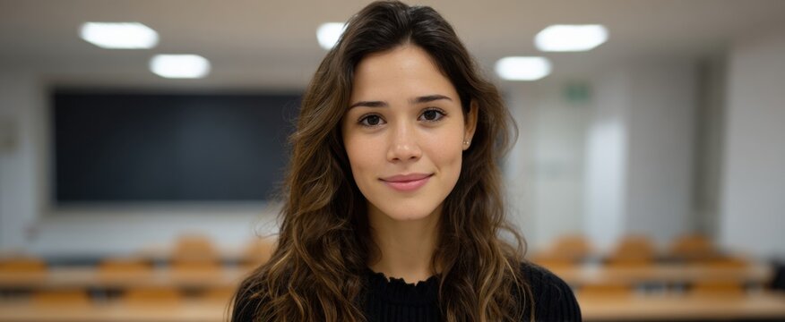 Joven profesora latina con cabello lacio en un aula brillante y contempor&aacute;nea.
