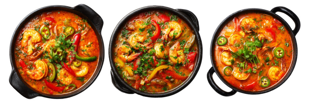 Brazil Moqueca fish stew soup garnished with herbs and lemon slice, served in wooden bowl isolated on white background