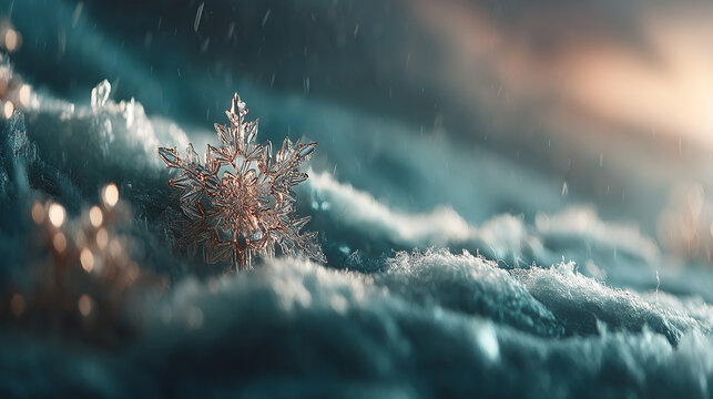 Detailed close-up of a single ice crystal snowflake resting on a soft snowy surface