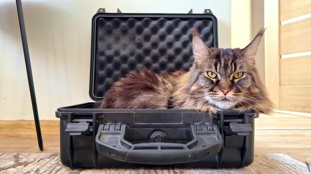 Large domestic cat resting inside an open hard case on a rug in a home setting