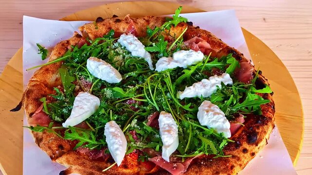 Fresh gourmet pizza with arugula and soft cheese served on a wooden table