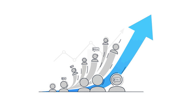 Social media follower growth with an upward arrow and rising audience icons