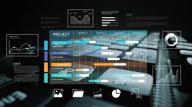 Modern Project Management Interface with Data Visualizations, Gantt Chart, and Analytical Graphics for Business Strategy Planning Gluon.