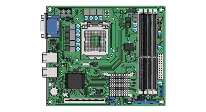 Close-up of green circuit board with USB and VGA ports
