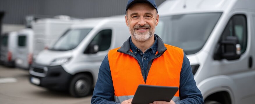 Confident supervisor with a tablet beside delivery vans embodies logistics coordination and transportation management.
