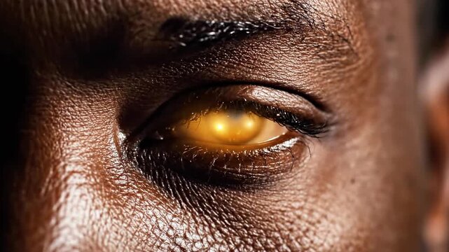A close-up portrait of a person's eye with dark skin and a striking golden iris