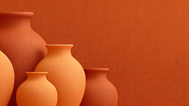 A collection of terracotta clay vases in varying sizes and earthy orange tones, arranged against a matching textured wall in a minimalist, warm, and monochromatic composition.Interior Design, Home 