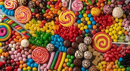 Fototapeta premium Colorful assortment of various candies and lollipops spread out