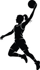 Silhouette of female basketball player jumping for slam dunk shot, dynamic athletic woman in mid air action isolated on light background sports concept © MdAbdur