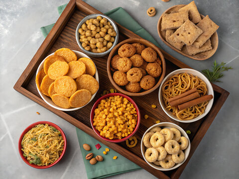 Diwali namkeen snacks assortment in bowls, realistic overhead shot