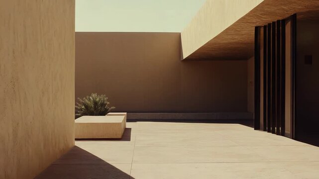 Beige exterior walls and tiled flooring of a modern building feature sharp lines and geometric forms, casting long shadows under a clear sky, embodying clean urban design principles