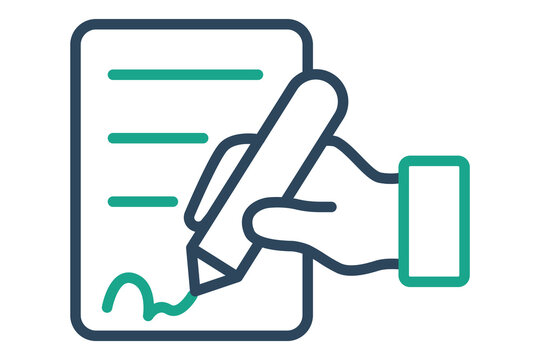 Signature icon. Action icon of a hand holding a pen signing a document, representing proof of delivery, legal contracts, and receipt confirmation in logistics