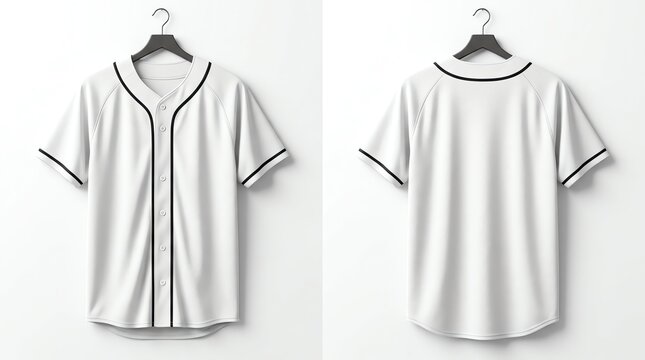 Front and back views of a blank white baseball jersey mockup hanging on display, perfect for design and branding showcases, highlighting fabric texture and athletic apparel style