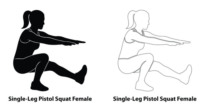 Female athlete performing single-leg pistol squat exercise silhouette and outline illustration for women's fitness, leg strength, and balance training