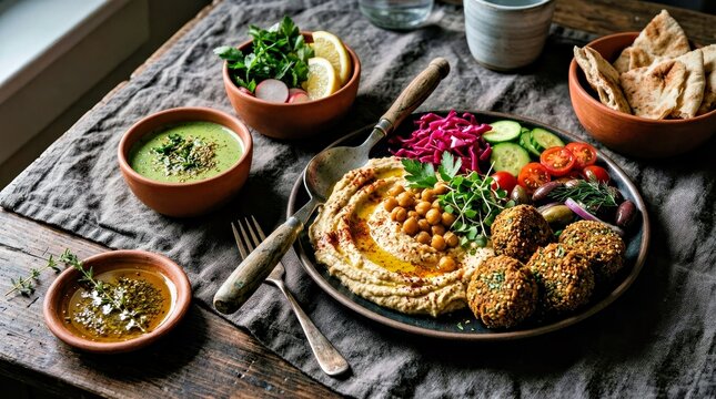 Traditional Mediterranean Spread With Hummus Vegetables and Flatbread on Rustic Wooden Table for Food Marketing