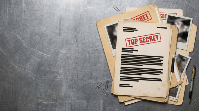 Redacted Secret Agent File Documents Resting On Metal Surface background with copy space, top view shot