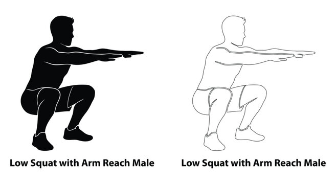 Man performing low squat with arm reach exercise silhouette and outline illustration for male fitness training, core stability, and leg workout guide