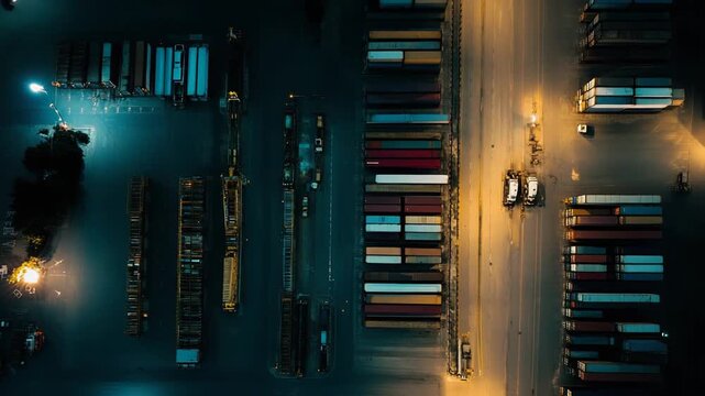 Industrial cargo port terminal operating at night, featuring a complex network of illuminated container stacks and active logistics operations, handling global import and export trade