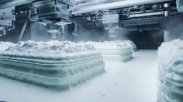 Industrial 3d printing machine creating multiple objects with precision using a liquid polymer material, highlighting automated production and advanced manufacturing technology