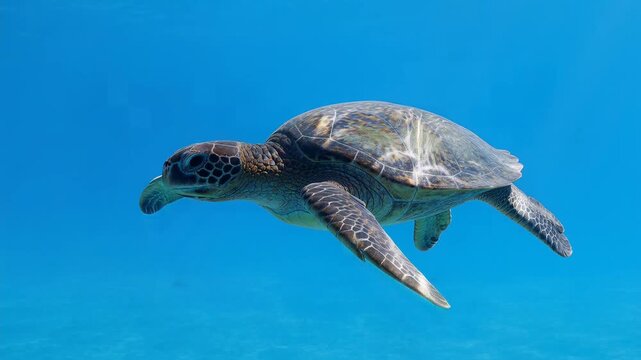 Green Sea Turtle Swimming Gracefully in Clear Blue Ocean Water.