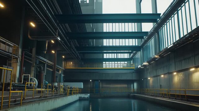 Water treatment plant inside a modern industrial facility featuring deep pools, pipes, yellow safety railings, concrete structures, and overhead lighting for efficient system operations