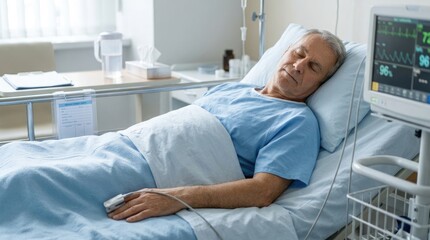 Fototapeta premium A man lies asleep in a hospital bed. He is wearing a blue hospital gown and his face is relaxed.
