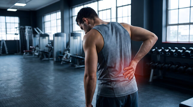Athlete holding his lower back in pain after heavy weightlifting