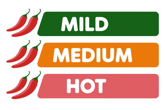 Spice level indicator graphic with chili peppers mild medium and hot heat scale