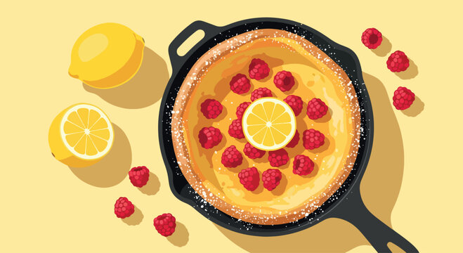 A golden yellow Dutch baby pancake studded with fresh blueberries, baked in a cast iron skillet with puffed edges and a soft center, served as a rustic breakfast or brunch dish.