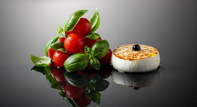 Fresh cherry tomatoes basil leaves with grilled cheese ball on reflective surface