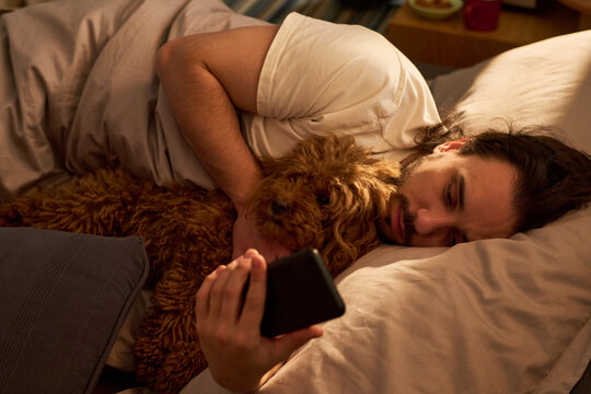 Young adult man lying in bed, holding smartphone and cuddling dog, using mobile screen before sleep, showing bedtime scrolling and pet companionship. For sleep habits or digital wellness