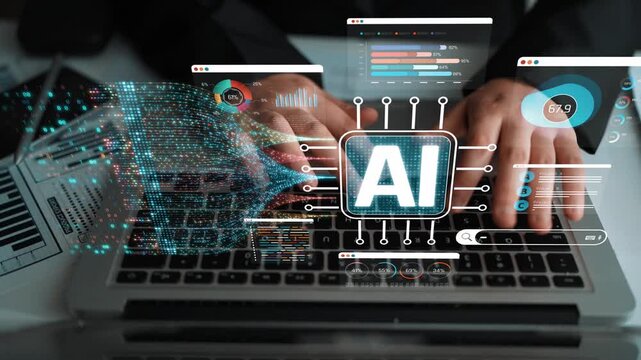 Hands on Laptop Keyboard with AI Technology Overlay and Digital Data Analysis Concept for Modern Business and Innovation Sigmoid