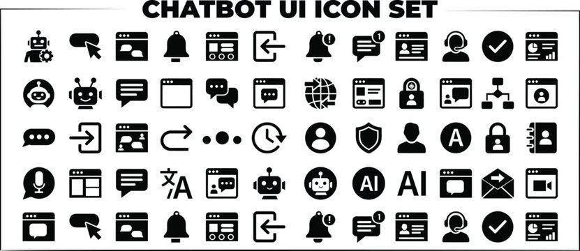 Comprehensive collection of black interface icons for artificial intelligence chatbot messaging and website user communication systems