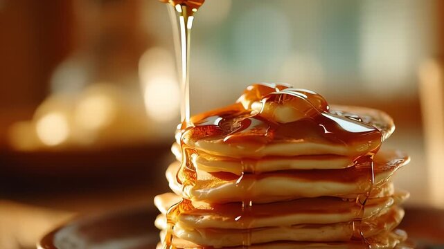 Honey Dripping Over a Stack of Pancakes for Breakfast