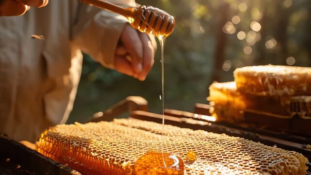 Beekeepers Hand Drizzling Golden Honey onto Fresh Honeycomb