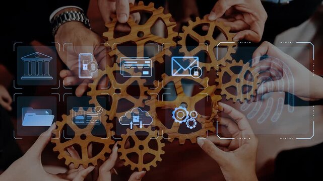 Hands coming together around interlocking gears symbolize teamwork and collaboration in a digital landscape, showcasing innovation and effective communication in business. Raster