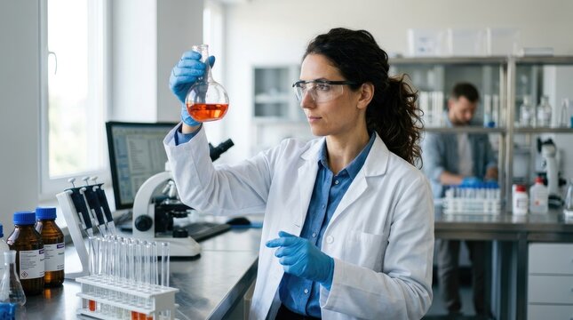A female scientist examines a reddish-orange liquid in a graduated flask. She wears a white lab coat, blue shirt, safety glasses, and blue gloves.