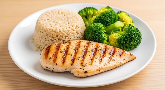 Grilled chicken breast served with rice and steamed broccoli on white plate