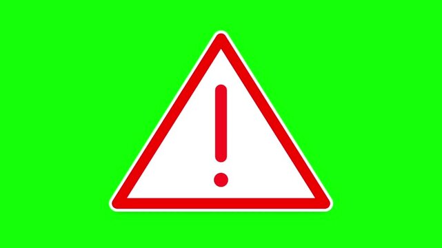 Warning sign with exclamation mark on green screen, red triangle alert icon for safety and hazard notification, digital caution symbol video