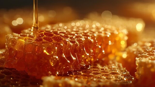 Pure Golden Honey Pouring Onto Fresh Honeycomb Macro Video