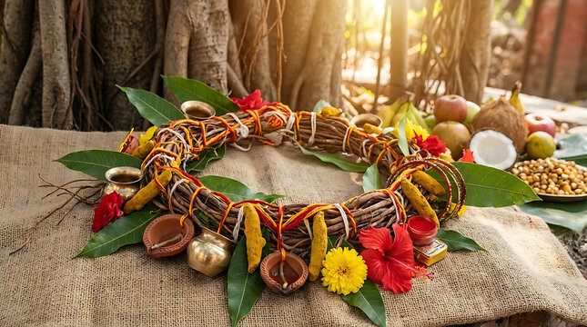 Vibrant Vat Savitri Vrat Ritual Garland Close-up Featuring Traditional Indian Hindu Festival Symbolism Ornate Spiritual Cultural Celebration Decor with Sacred Threads and Flowers.