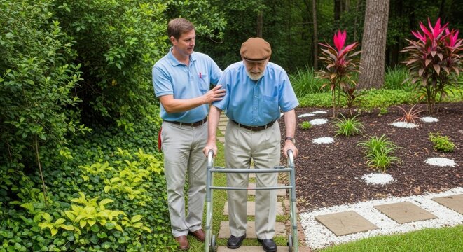 Two men in striped shirts standing in a garden, holding gardening tools