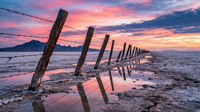 Flooded salt flat with a rustic wooden fence and barbed wire at sunset with a mountain range in the background under a colorful sky.