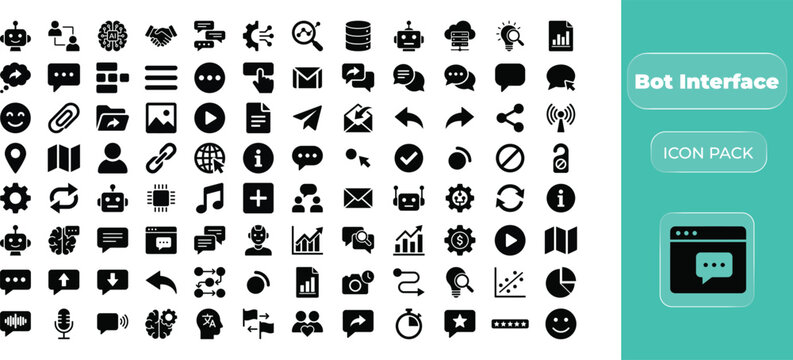 Comprehensive set of modern bot interface icons for digital communication and artificial intelligence software development