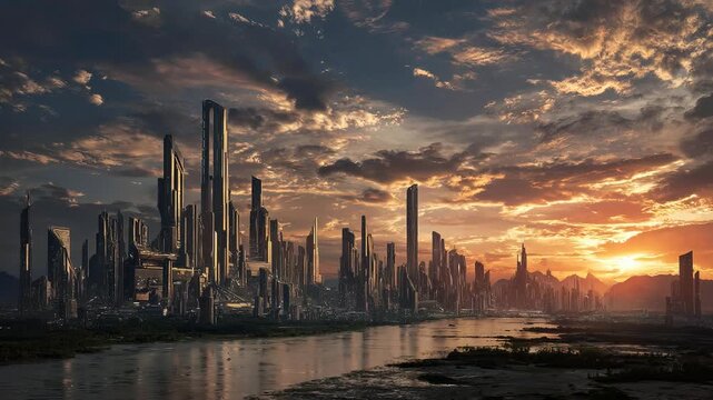 Futuristic city skyline at sunset with golden hour skyscrapers, cloudy blue sky and riverfront view