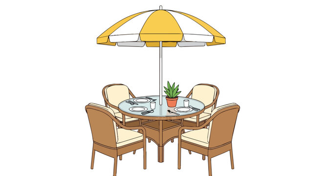Outdoor patio dining set with round glass table four chairs and yellow striped sunshade umbrella illustration