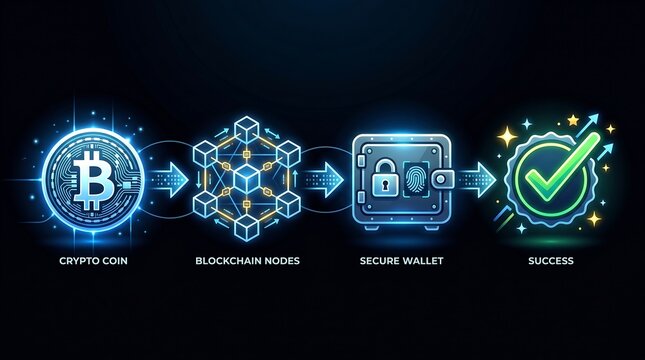 Digital cryptocurrency blockchain process infographic showing crypto coin node network secure wallet storage and final success sign on a glowing dark blue background